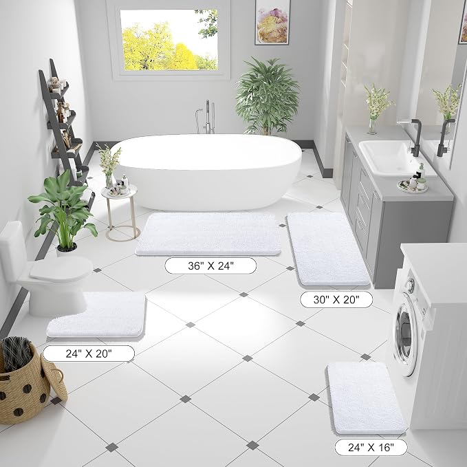 OLANLY Bathroom Runner Rugs 44x24, Extra Soft Absorbent Chenille Bath Rugs, Rubber Backing Quick Dry, Machine Washable Long Bath Mats for Bathroom Floor, Tub and Shower, Home Decor Accessories, White
