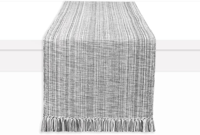 PurpleEssences Chambray Table Runner with Fringes - 100% Cotton, 13x72 Inch - Rustic Farmhouse Table Décor, Reusable, Machine Washable for Dining Tables - Spring Easter Summer - Mineral Gray & H.White