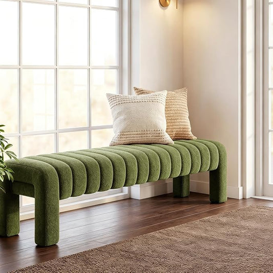 63” Dining Room Bench, Green Tufted Upholstered End of Bed Bench, Modern Entryway Ottoman Window Seat with Solid Wood Legs and Padded Seat for Bedroom, Hallway and Living Room (Boucle)