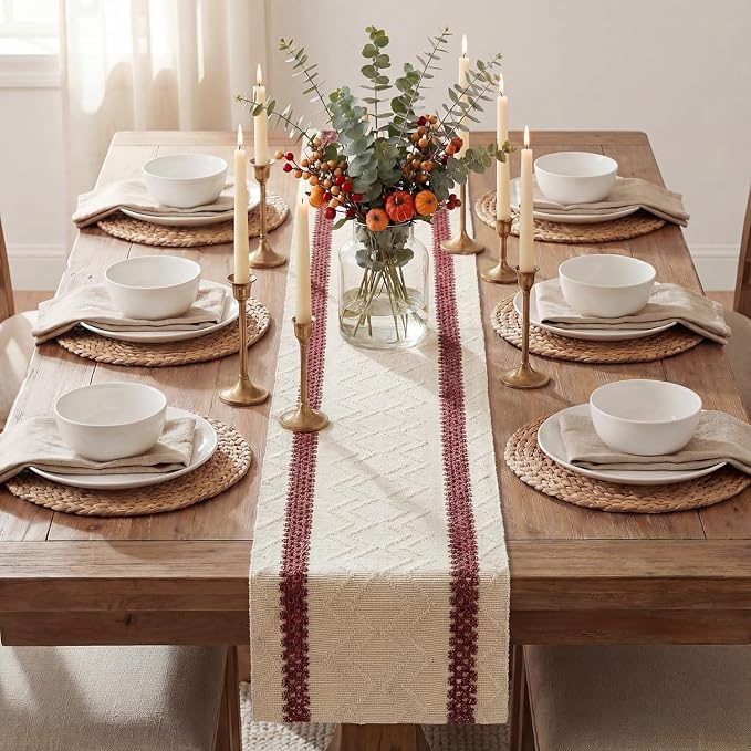 Artoid Mode Red Stripe Woven Table Runner, Seasonal Holiday Hollow Kitchen Dining Table Decoration for Home Party Decor 12x72 Inch