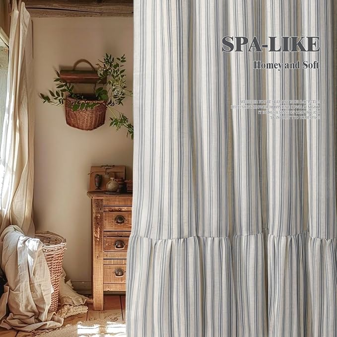 Farmhouse Shower Curtain with Ruffle Hem Linen Shower Curtains for Bathroom Country Vintage Rustic Natural Fabric, Cream-Grey Stripe 72" W x 96" L