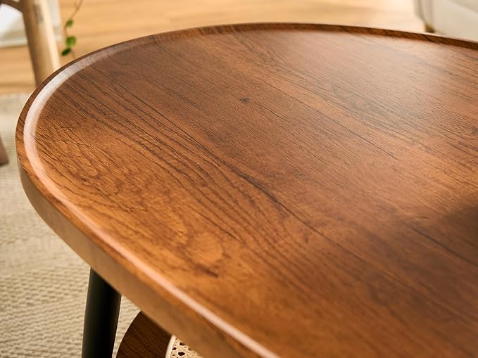 Shrine Oval Wood and Rattan Coffee Table, Mid-Century Modern Coffee Table, Two-Tier Brown Walnut Table for Living Room, D47.2''x W25''x H15.3'', Walnut Wood Top and Woven Rattan Base
