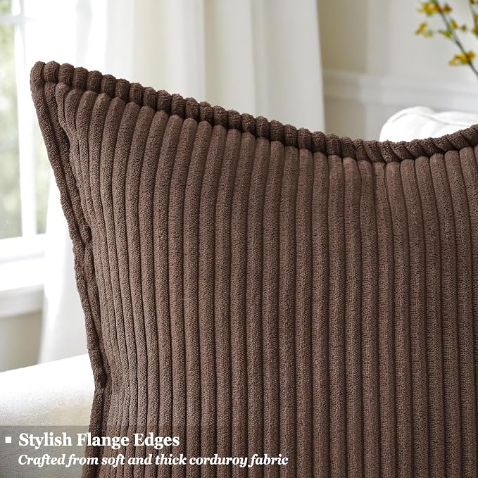 decorUhome Summer Corduroy Dark Brown Euro Sham Throw Pillow Covers 24x24 Set of 2 Decorative Soft Boho Farmhouse Couch Pillow Covers for Living Room Bed Sofa Broadside Striped Pillow Cases