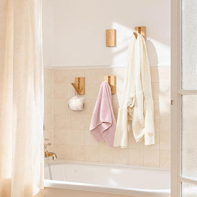 Wall Hooks for Small Space: Foldable Natural Wooden Coat Hooks 4Pack for Limited Spaces Closet Corner Bathroom- Modern Minimalist Decor Hanger for Hanging Towels Backpack Bags Jackets