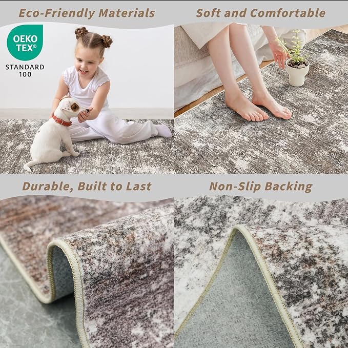 2x12 ft Washable Hallway Runner Rug – Non-Slip Stain-Resistant Low-Pile Long Carpet Runner for Kitchen Entryway Living Room Bedroom Bathroom, Modern Abstract Neutral (Brown Beige,2x12)