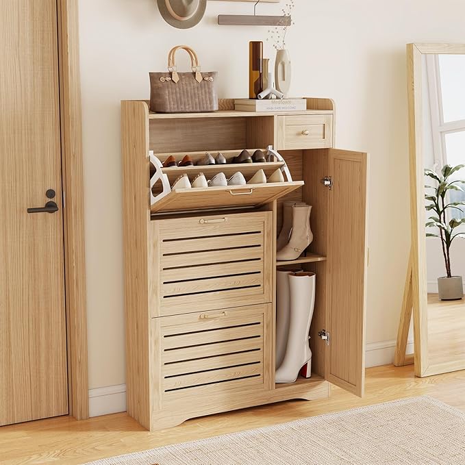 Narrow Shoe Cabinet Storage for Entryway, Hidden Shoe Rack Cabinet with Doors, 3 Flip Drawers & Adjustable Shelves, Thin Freestanding Boot Storage Closet Organizer, Ventilated Wood Design, Natural Oak