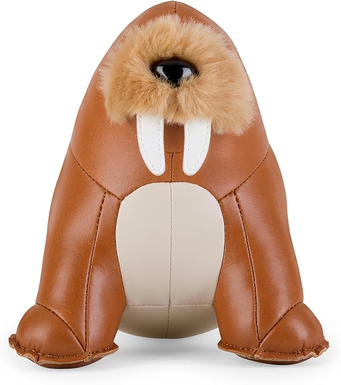 Bookend Walrus Walu, Leather Bookends for Shelves, Handmade Animal Home Decor, Zuny Series, Tan+Wheat