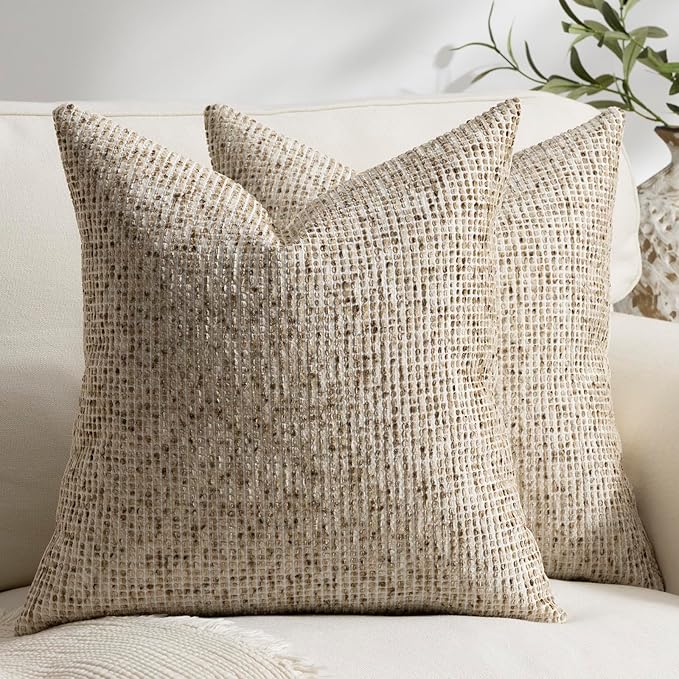 Pack of 2 Neutral Throw Pillow Covers 22x22 Boho Textured Dots Stripe Chenille Large Square Decorative Pillow Cases Accents for Living Room Couch Bed Farmhouse Home Decor, Taupe