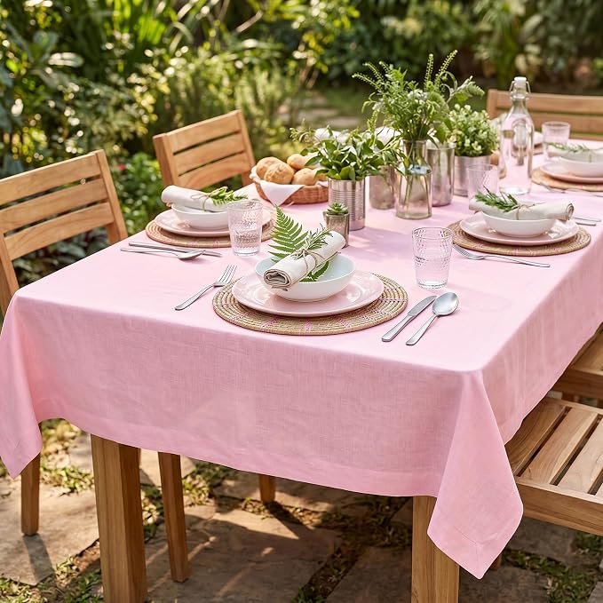 Solino Home Linen Tablecloth 60 x 90 Inch - 100% Pure Linen Pink Lemonade Table Cloth for Rectangle Tables - Fete, Machine Washable Tablecloth for Summer