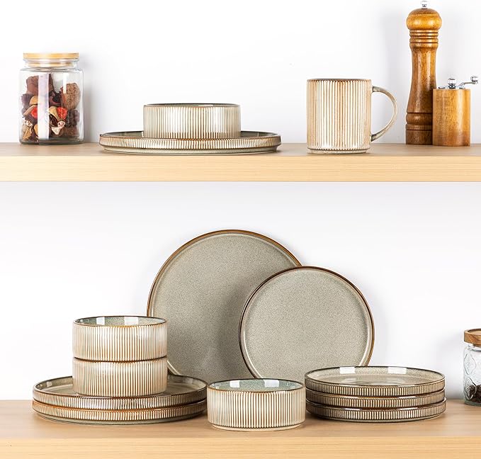 GBHOME 12-Piece Stoneware Dinnerware Set for 4 – Ribbed Ceramic Plates and Bowls, Scratch-Resistant, Microwave & Dishwasher Safe, Reactive Glaze, Celadon Mist