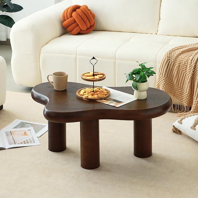 34"(L) Cloud Coffee Table, Modern Wood Coffee Table for Living Room, Accent Center Tables with 3 Legs, Small Tea Tables for Balcony, Patio, Bedroom, Walnut
