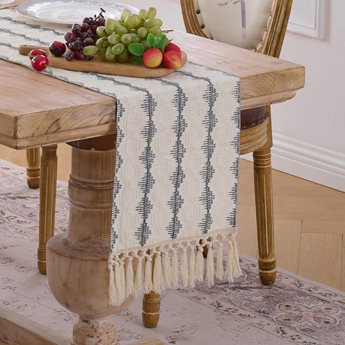 Fancy Homi Grey Boho Cotton Polyester Table Runner 72 Inches Long, Farmhouse Macrame Table Runners with Tassels for Home Party Bohemian Rustic Bridal Shower Kitchen Dining Decor 12x72 Inches