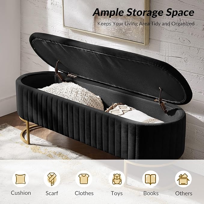 50.5” Velvet Storage Ottoman Bench with Gold-Toned Legs, Luxury Upholstered End of Bed Multi-Functional Footrest & Seat for Bedroom & Entryway