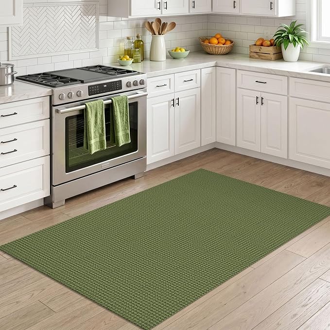 IOHOUZE Washable Area Rug 3x5 Non Slip Rubber Backed Woven Rugs for Entryway Rugs Indoor Outdoor Doormat Throw Rug Floor Carpet for Entrance Kitchen Front Door, Olive Green/Earthy Green