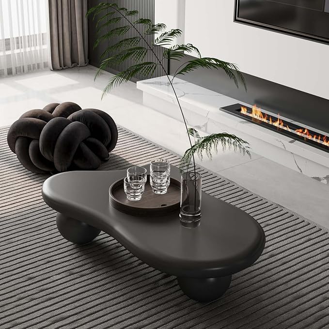 47" Cloud Coffee Table for Living Room Irregular Coffee Table Modern Low Coffee Tables Abstract Faux Stone Cute Center Table with 3 Ball Legs for Small Space Apartment Black