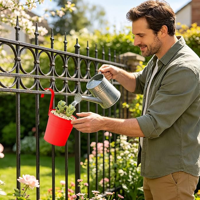 Hanging Flower Pots For Railings, Hanging Galvanized Metal Flower Pot with Hook, Tinplate Hanging Buckets for Garden Balcony Flowers, Colorful Planter for Flowers Grasses and Succulents (Dark Red)