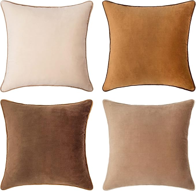 MONDAY MOOSE Decorative Throw Pillow Covers Cushion Cases, Set of 4 Soft Velvet Modern Double-Sided Designs, Mix and Match for Home Decor, Pillow Inserts Not Included (20x20 inch, Brown/Beige)