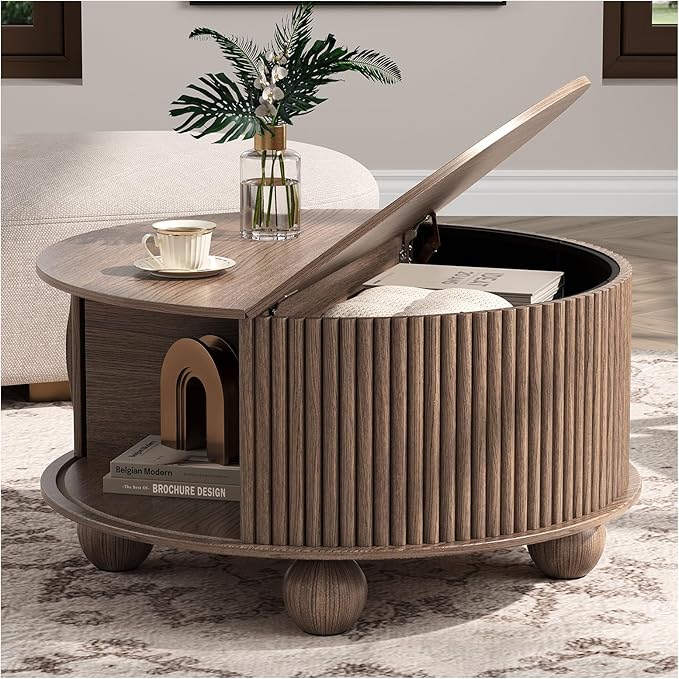 Round Coffee Table with Storage, 31.5" Mid Century Modern Coffee Table with Sliding Door & Bun Feet, Minimalist Fluted Center Table for Living Room, Home Small Space, Walnut