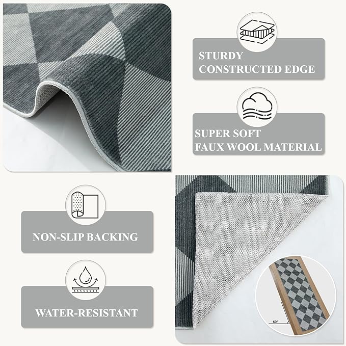 Beeiva Checkered Kitchen Runner Rug 2.5x10, Ultra Thin Washable Runners for Hallways Non Slip, Moroccan Trellis Print Non Shedding Kitchen Runner Rugs, Stain Resistant Blue/Grey Hallway Home Decor