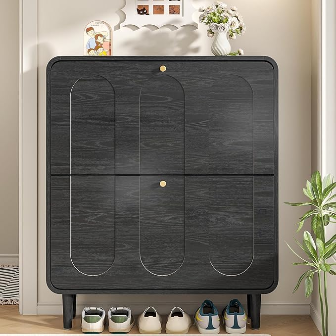 Narrow Shoe Storage Cabinet for Entryway with 2 Flip Drawers, Curved Shoe Cabinet with Arched Stripe Panel, Freestanding Hidden Shoe Organizer Closed for Foyer, Hallway (Black, 31.5 inches)