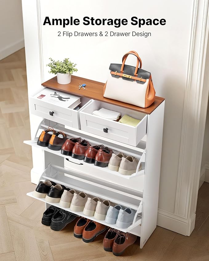 VEVOR Shoe Cabinet with 2 Flip Drawers, Farmhouse Shoes Storage Cabinet with 2 Drawers and Anti-Tipping Device, Freestanding Shoe Organizer Ideal for Entryway, Hallway, Bedroom, Living Room, White