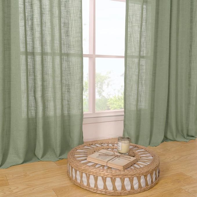 LAMIT Sheer Linen Curtains 63 inches Long for Bedroom, Bronze Grommet Linen Drapes Light Filtering Semi Sheer Curtains for Small Window/Farmhouse, 2 Panels (52 x 63 Inch, Sage Green)