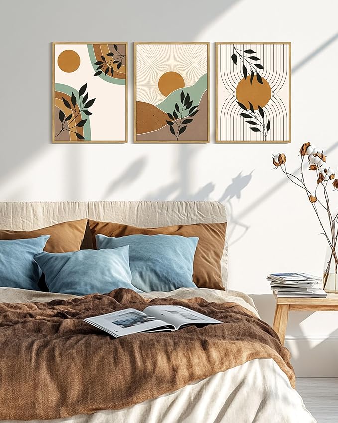 PHOPAGO Boho Abstract Wall Art Botanical Mid Century Modern Framed Wall Printing Neutral Geometric Prints Bohemain Sage Decor for Farmhouse Living Room - 12x16in Natural Framed