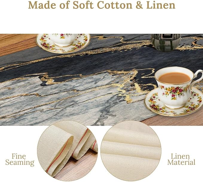 Marble Table Runner,Gold Glitter Gray Black Stone Marble Tie Dye Fluid Abstract Art Pattern Table Runner for Coffee Table Dining Room Table Bedroom Party Holiday Decor 13x72inch