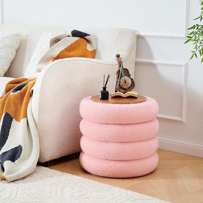 Wimarsbon Round Storage Ottoman, Modern Sherpa Footstool, Teddy Vanity Stool with Flip-Top Tray, Makeup Chair for Home Decor, Upholstered Footrest for Living Room & Bedroom (Pink L)