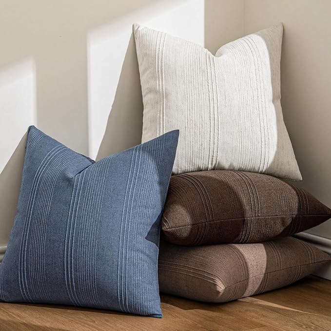 MIULEE Striped Euro Sham Pillow Covers 24x24 Decorative Textured Throw Pillow Covers Pack of 2 Linen Cushion Cases for Couch Bed Sofa Livingroom Farmhouse Home Decor, Blue