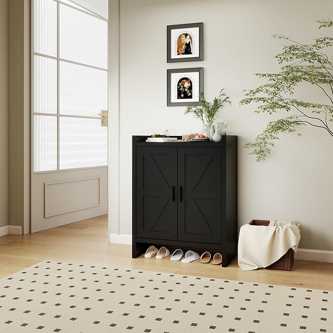 Panana 5 Layer Farmhouse Style Shoe Cabinet, Wooden Freestanding Shoe Rack with 2 Doors and Adjustable Shelves, Shoe Storage Organizer for Entryway Hallway Closet (Farmhouse Black, 5 Tier)