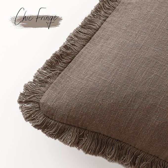 Foindtower Set of 2 Decorative Linen Fringe Throw Pillow Covers Cozy Farmhouse Cushion Cover with Tassels Accent Pillowcase for Couch Chair Sofa Bed Living Room Home Decor,20×20 Inch,Light Coffee
