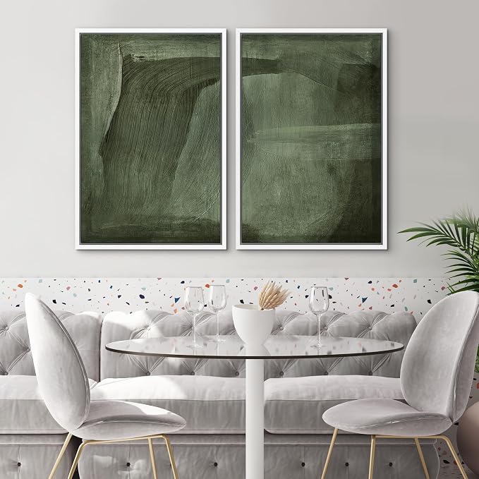 SIGNWIN Framed Canvas Print Wall Art Set Deep Olive Brushstroke Abstract Illustrations Modern Art Decorative Multicolor for Living Room, Bedroom, Office - 16"x24"x2 White