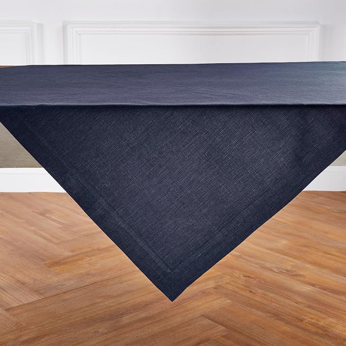 Solino Home Linen Square Tablecloth 52 x 52 Inch - 100% Pure Linen Chambray Navy Table Throw - Athena, Machine Washable Tablecloth for Summer, 4th of July
