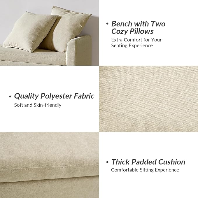 HULALA HOME 59" Storage Bench with 2 Throw Pillows, Modern Long Bedroom Bench for End of Bed, Comfy Upholstered Footstool for Entryway Living Room, Beige
