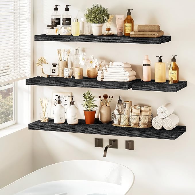 Vivelove 48 Inch Floating Shelves, Deep Wall Shelves with Invisible Brackets, Display Shlf for Bathroom Living Room Kitchen Bedroom Office Farmhouse Home Decor, 48" X 9.3" X 1.5" - Set of 2, Black