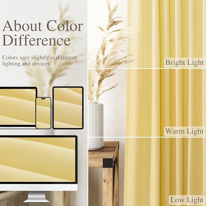 Nanspring Yellow Linen Boho Curtains for Bedroom Back Tab Rod Pocket Semi Sheer Linen Curtains 90 Inches Long 2 Panel Set Light Filtering Neutral Farmhouse Lightweight Drapes for Living Room 52x90