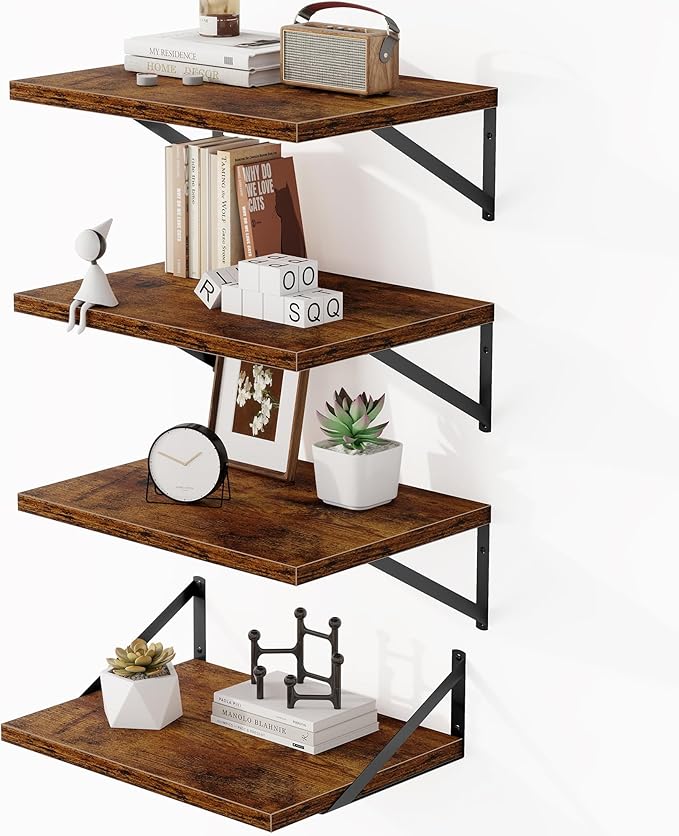 Heimlove Deep Floating Shelves for Wall, Wood Wall, Wide Floating Bookshelf for Living Room, Kitchen, Office, Bedroom and Decor Storage,Rustic Brown with Metal Bracket, 16wx12dx5.8h, 4Shelves
