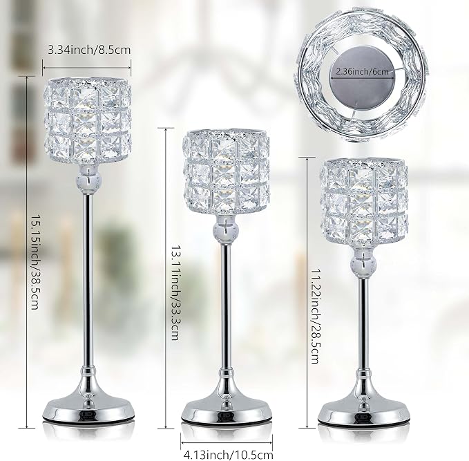 Set of 3 Candle Holders for Wedding Decor, Crystal Candlestick Centerpieces for Table, Tealight Holder for Halloween/Christmas/Party/Wedding Table Decoration (Silver)