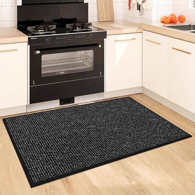 BEQHAUSE Kitchen Rugs and Mats 2PCS, Non-Slip Kitchen Mats for Floor, Absorbent and Stain Resistant Kitchen Runner, Machine Washable Rugs for Kitchen, Laundry & Sink, 24"x36"+24"x60", Black