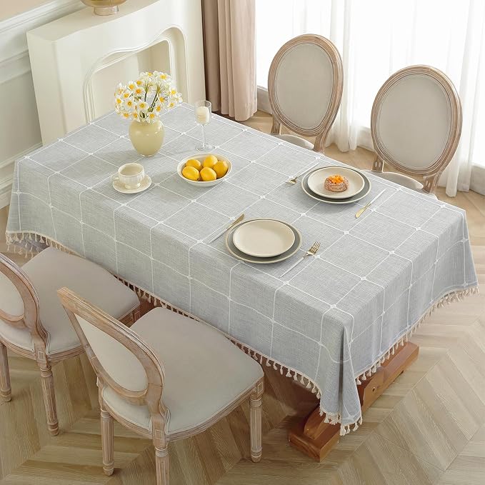 JIALE Rectangle Table Cloth, Heavy Duty Cotton Linen Waterproof Tablecloths Farmhouse Tablecloth, Soft and Wrinkle Free Table Cover with Tassels, 55''x120'', Grey Gingham