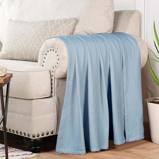 Superior Metro All-Season Cotton Blanket, Woven Blanket for Couch, Bed, Bedding, Farmhouse, Home Essentials, Cute and Cozy Bohemian Blankets, Herringbone Weave, California King, Light Blue