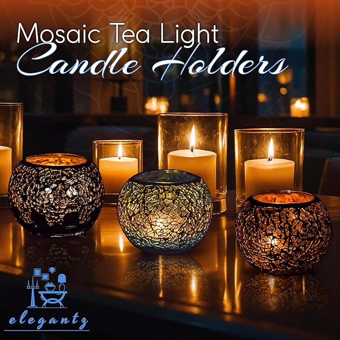 ELEGANTZ Tealight Candle Holder Centerpiece - Luxury Mosaic Glass Dining Table Decorations - Elegant Modern Tea Lights Decor - Set of 2