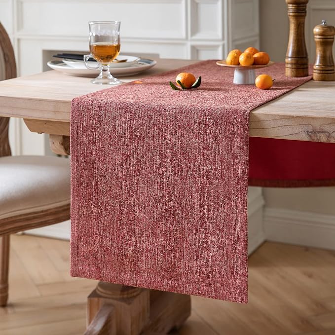 ZeeMart Burlap Style Farmhouse Table Runners 108 Inches Long, Red Rustic Woven Dining Table Runner for Everyday Use, 14x108 Inches, Red