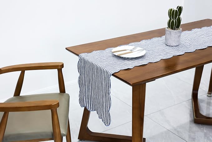 100% Natural Linen Rustic Scalloped Embroidery Table Runner 36 Inches, Linen Table Runner 14 x 36 Inch Ideal for Dresser and Dining Tables Decor, 1-2 Sets, Blue Stripe(Edges-Blue)