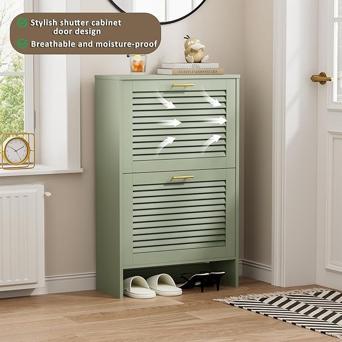 Shoe Cabinet Storage, Hidden Shoe Organizer, Modern Freestanding Organizer with 2 Flip Drawers Louvered Shoe Cabinet for Entryway (Green, 2 Drawers)