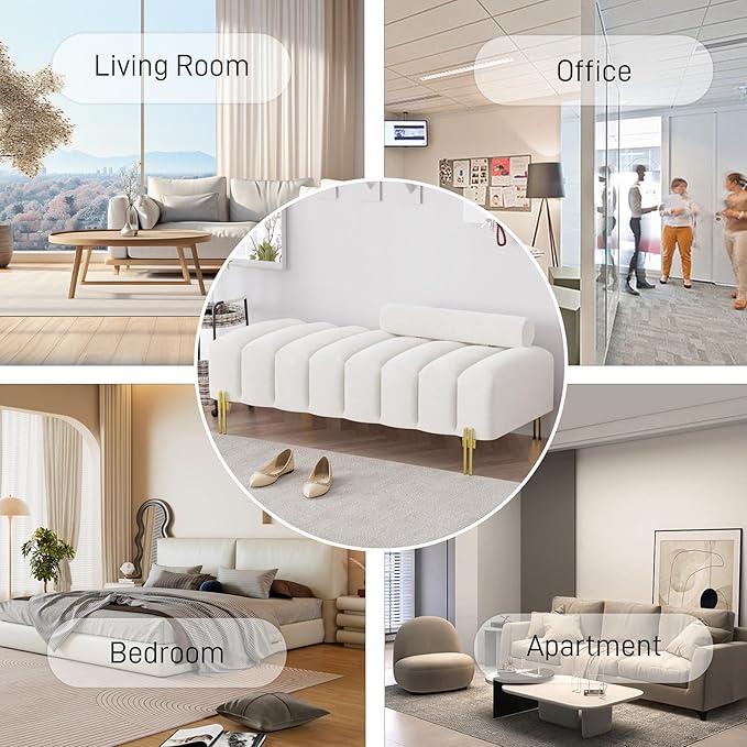 Modern Bench for Bedroom, 52.2" Channel Tufted End of Bed Bench, Ottoman Bench Small Window Entryway Footrest Bench with Adjustable Back for Living Room, Beige White, Velvet
