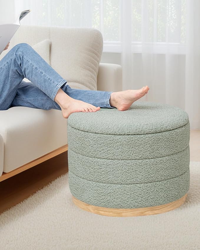 PINPLUS Chenille Folding Ottoman Footstool, Round Storage Ottoman, Soft Fabric, 330 lbs Load Capacity, Large Ottoman for Living Room, Bedroom, Dorm, Green Colors