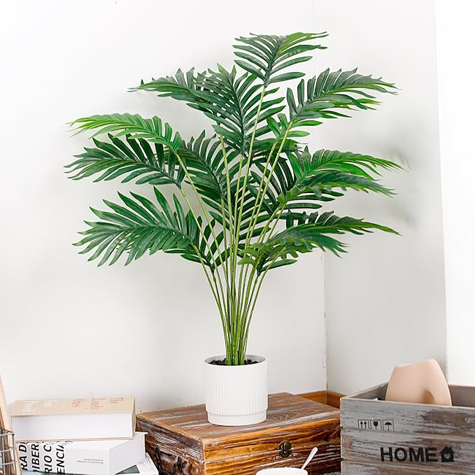 Der Rose 28'' Artificial Palm Tree Tall Fake Tropical Faux Trees Indoor and Outdoor for Home Bathroom Porch Outside Patio Decor (White Pot) (Pack of 2)