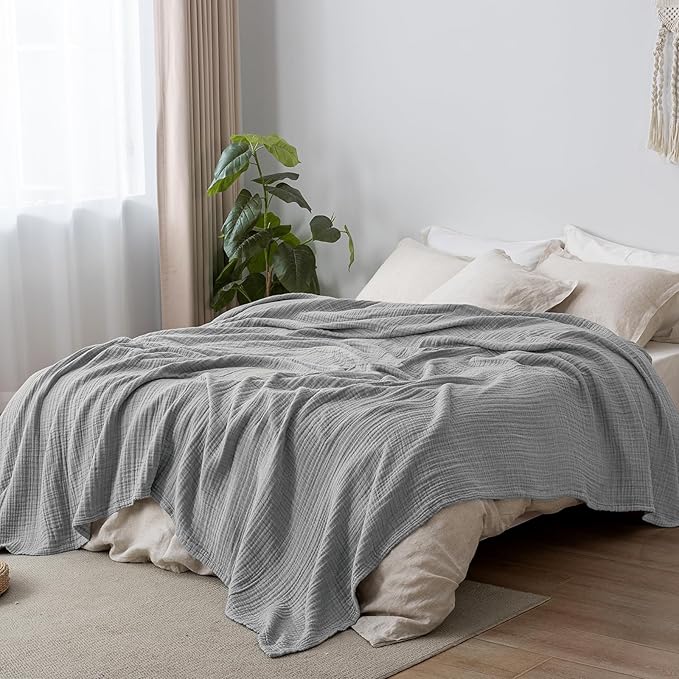 PHF 100% Cotton Muslin Blanket King Size 108"x90", 4-Layer Lightweight Gauze Throw, Breathable Cloud-Soft Minimalist Blanket for Bed, Couch, Camping, Grey, Ideal Gift